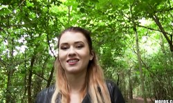Babe In Leather Jacket Misha Cross Shows Her Wide Ass In The Forest