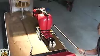 Fucking Machine Pounds A Juicy Pussy Of A Babe In Red Suit