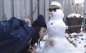 Teen Puts A Dildo On A Snowman And Rides It