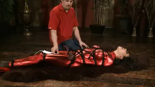 Awesome Brunette In Red Latex Suit Likes Tight Bondage