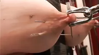 Master Sticks Pointy Sharp Needles In Her Huge Suspended Tits