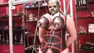 Awesome Lady In Black Mask Is Getting Two Vacuum Toys On Her Boobs