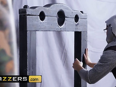 Sexy Busty Brunette Hottie Uses A Pillory To Cuck Her BF Fucking With A Medieval Museum Employee