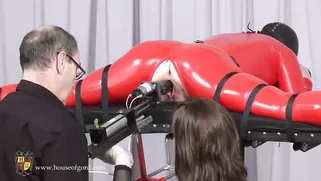 Masked Hottie In Red Latex Gets Hardly Fucked By Machine