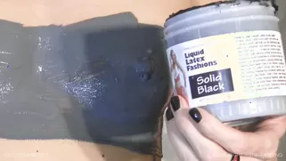 Slender Brunette Applies Liquid Latex On Her Body