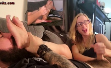 Milf In Fishnet Enjoys Foot Fetish