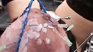 Brutal Master Impales Her Huge Boobies With Long Metal Needles