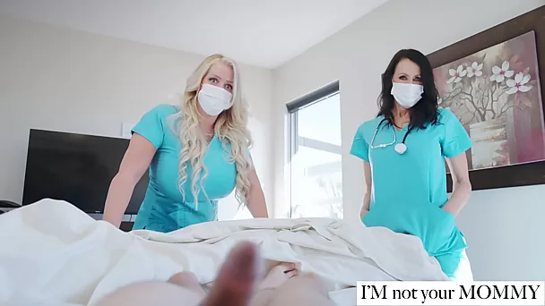 Two MILF Nurses Alura Jenson And Reagan Foxx Are Curing A Young Stud Their Own Way