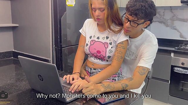 Showing My Step Sister The Ropes On My Computer While She Handles My Monster Dick