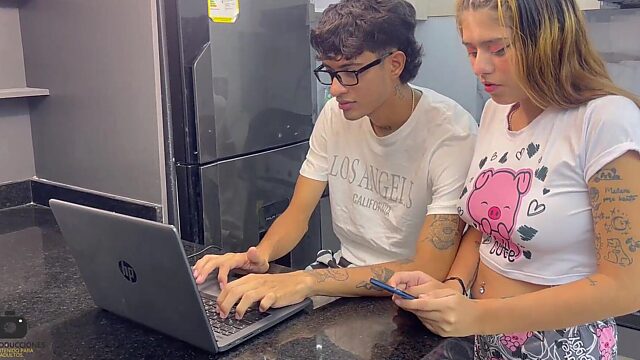 Showing My Step Sister The Ropes On My Computer While She Handles My Monster Dick