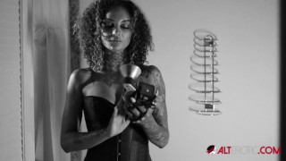 Beautiful Tattooed Ebony Babe Rubs Her Hairy Pussy