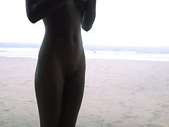 Slim Black Girl Enjoyed Herself In A Rain On A Seashore